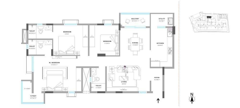 Unit No. 01 Super Built Up Area: 1692 sq. ft. RERA Carpet Area: 1210 sq. ft. Balcony Area: 129 sq. ft.
