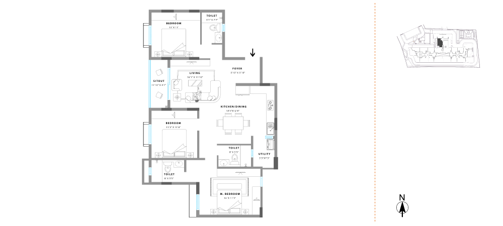 Unit No. 03 Super Built Up Area: 1502 sq. ft. RERA Carpet Area: 1112 sq. ft. Balcony Area: 86 sq. ft.