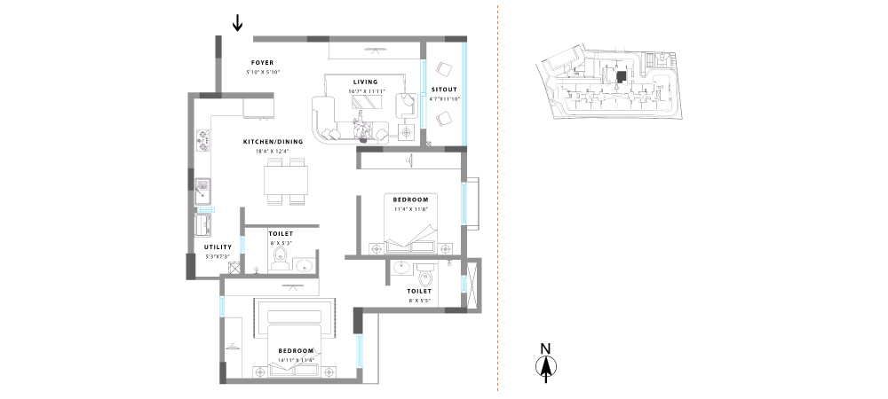 Unit No. 04 Super Built Up Area: 1247 sq. ft. RERA Carpet Area: 912 sq. ft. Balcony Area: 86 sq. ft.