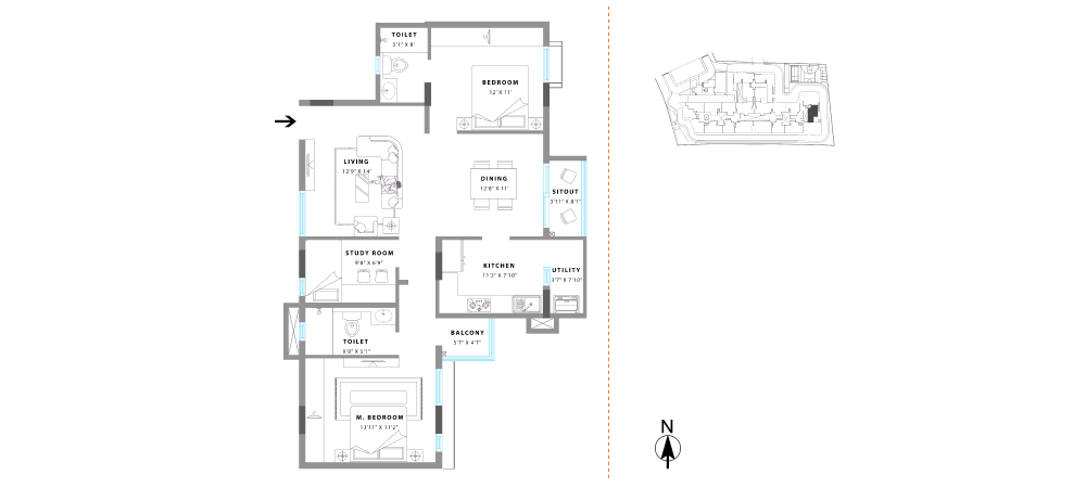 Unit No. 06 Super Built Up Area: 1303 sq. ft. RERA Carpet Area: 78 sq. ft. Balcony Area: 86 sq. ft.