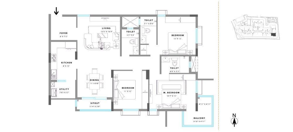 Unit No. 07 Super Built Up Area: 1677 sq. ft. RERA Carpet Area: 1193 sq. ft. Balcony Area: 133 sq. ft.