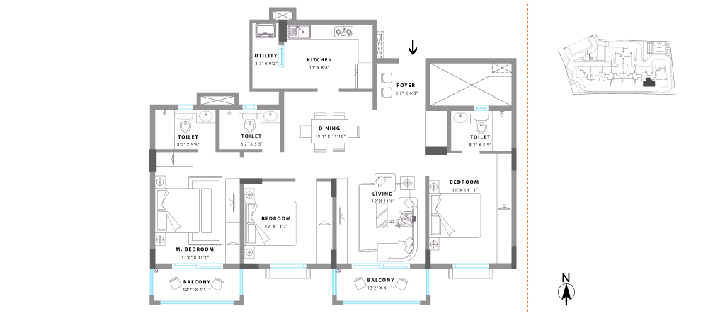 Unit No. 08 Super Built Up Area: 1686 sq. ft. RERA Carpet Area: 1206 sq. ft. Balcony Area: 138 sq. ft.