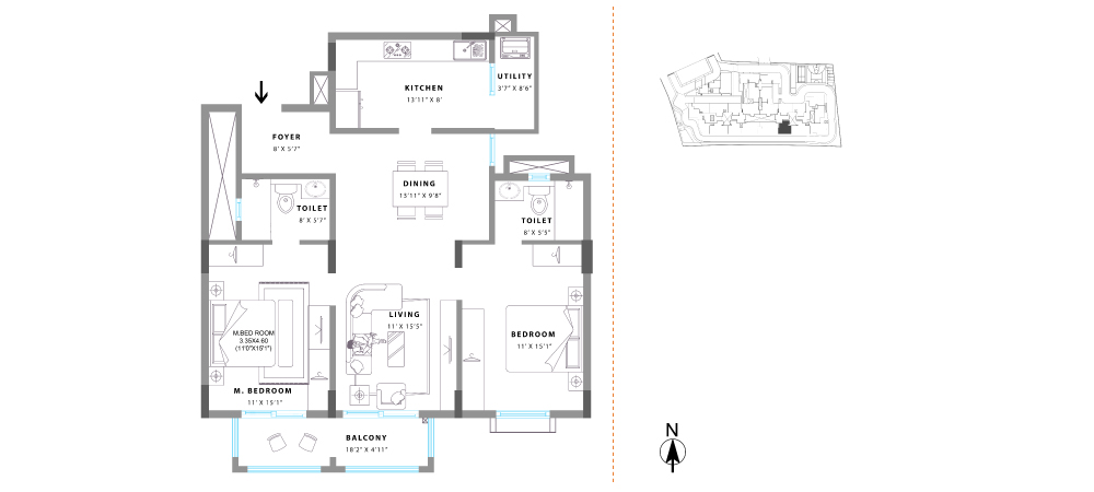 Unit No. 11 Super Built Up Area: 1312 sq. ft. RERA Carpet Area: 938 sq. ft. Balcony Area: 107 sq. ft.