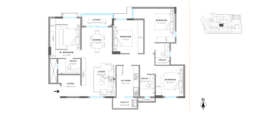 Unit No. 14 Super Built Up Area: 1708 sq. ft. RERA Carpet Area: 1285 sq. ft. Balcony Area: 76 sq. ft.
