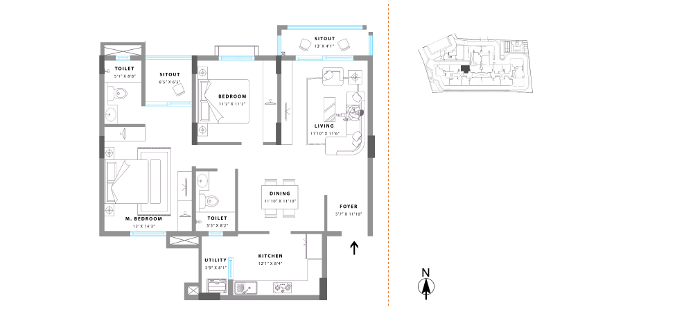 Uninot No. 17 Super Built Up Area: 1293 sq. ft. RERA Carpet Area: 921 sq. ft. Balcony Area: 111 sq. ft.